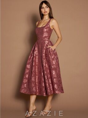 NWT AZAZIE ATEILER Women’s Rose Mauve A-Line Floral Jacquard Midi Dress Size 12